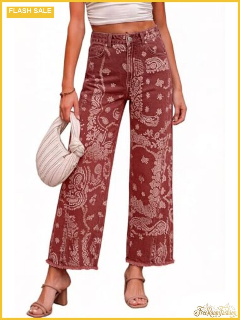 High Waisted Wide Leg Stretchy Raw Hem Cropped Denim Jeans